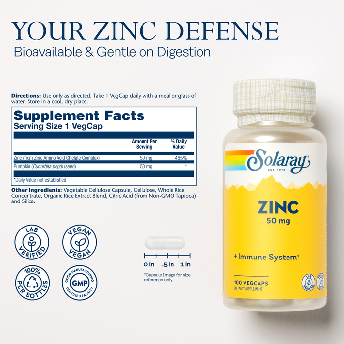 Solaray Zinc 50mg Immune Support Supplement, Bioavailable Chelated Zinc Capsules, Cellular Health and Immune System Formula with Pumpkin Seed, Vegan, 60-Day Money Back Guarantee, 100 Serv, 100 VegCaps