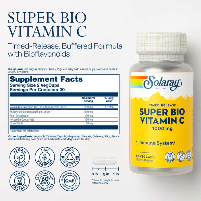 Solaray Super Bio Vitamin C 1000mg, Buffered, Time Release Capsules with Bioflavonoids, Two-Stage for High Absorption & All Day Immune Support, Vegan, 60 Day Guarantee, 30 Servings, 60 VegCaps