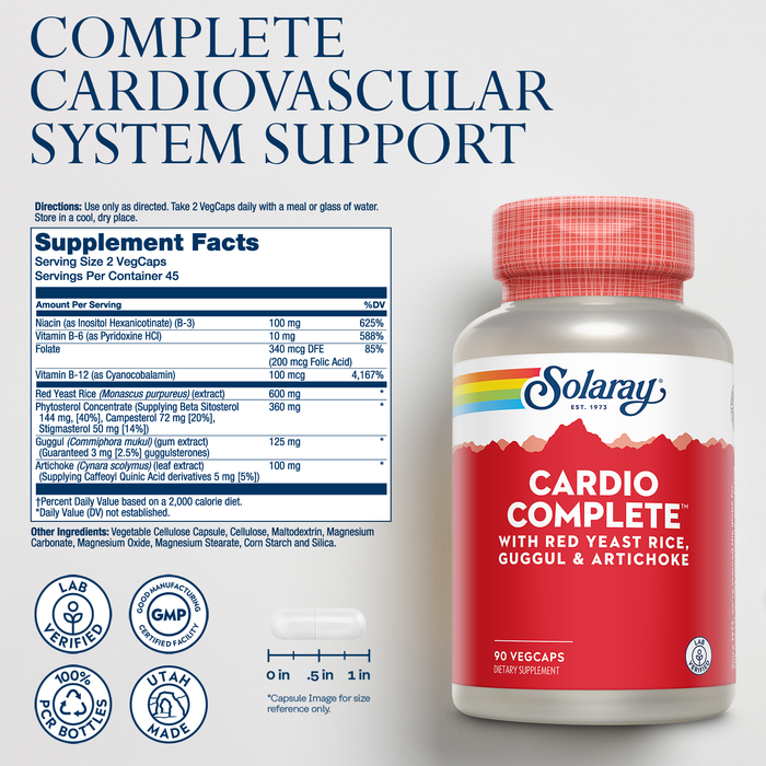 Solaray Cardio Complete with Red Yeast Rice, Guggul & Artichoke Extracts, Plus B Vitamins and More - Lab Verified, 60-Day Guarantee - 45 Servings, 90 VegCaps