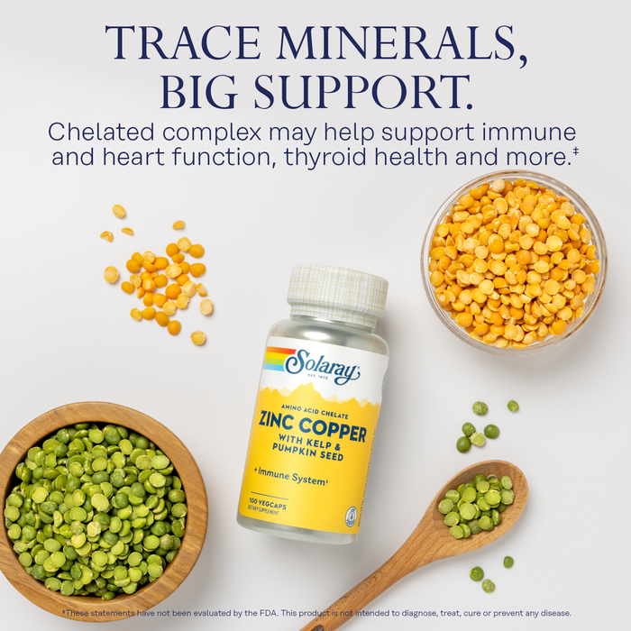 Solaray Zinc Copper Amino Acid Chelates | Healthy Cellular, Heart & Thyroid Function Support w/ Pumpkin Seeds & Kelp | Non-GMO & Vegan | 100 VegCaps