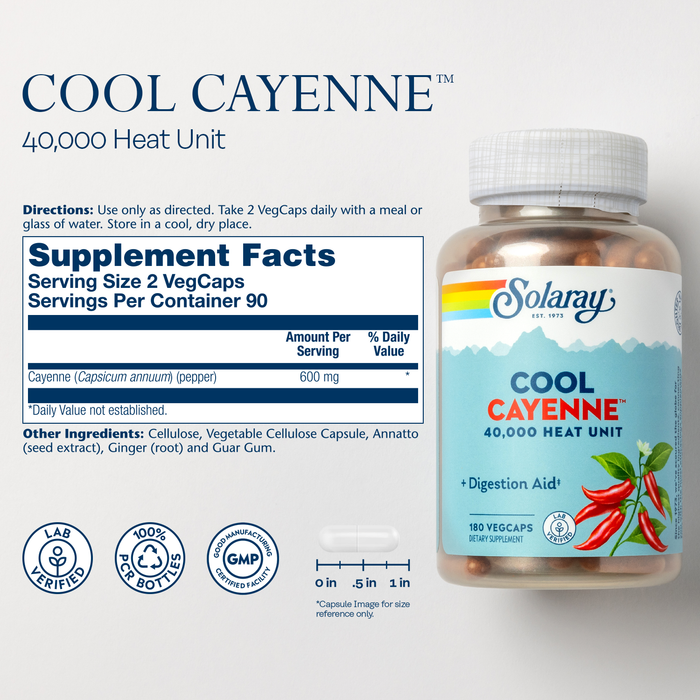 Solaray Cool Cool Cayenne 40,000 HU, Healthy Digestion, Circulation, & Cardiovascular Support 180 VegCaps