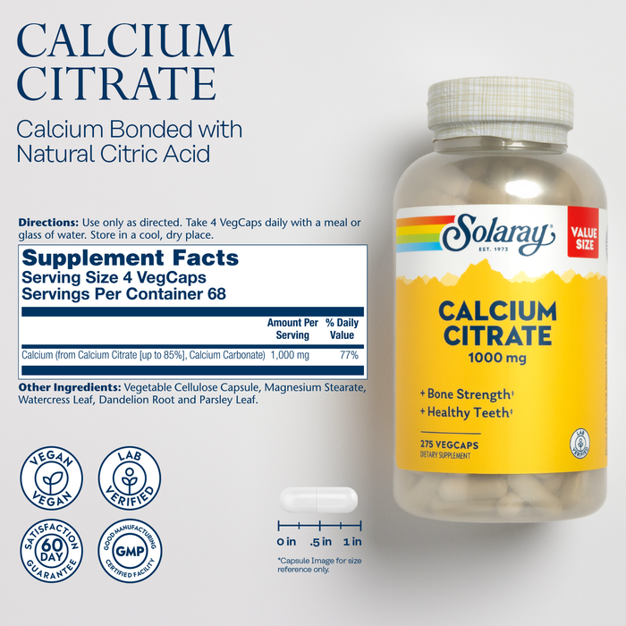 Solaray Calcium Citrate 1000mg, Chelated Calcium Supplement for Bone Strength, Healthy Teeth & Nerve, Muscle & Heart Function Support, Easy to Digest, 60-Day Guarantee, Vegan, 240ct (60 Servings) (68 Serv, 275 Count)