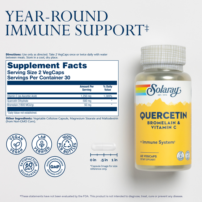 Solaray Quercetin Bromelain & Vitamin C, Immune System, Sinus, Respiratory & Antioxidant Activity Support, Vegan, 500mg of Quercetin & 1,235mg of Vit C, 60 Count (60 CT, 20 Serv)