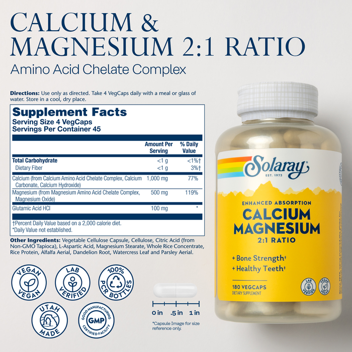 Solaray Calcium and Magnesium AAC Capsules, 180 Count (Packaging may vary)