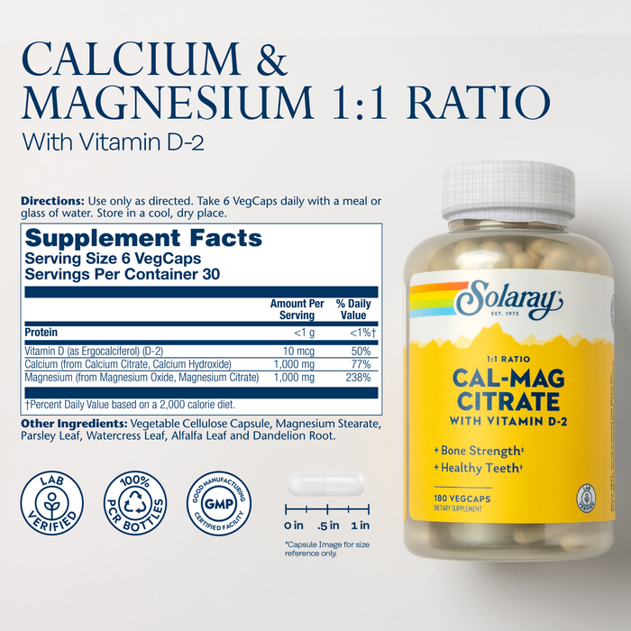 SOLARAY Calcium Magnesium Citrate 1:1 Ratio w/ Vitamin D 2 - Calcium Supplements for Women and Men - Calcium 1000mg, Magnesium 1000mg - Bone Health Support - 60-Day Guarantee, 30 Servings, 180 VegCaps