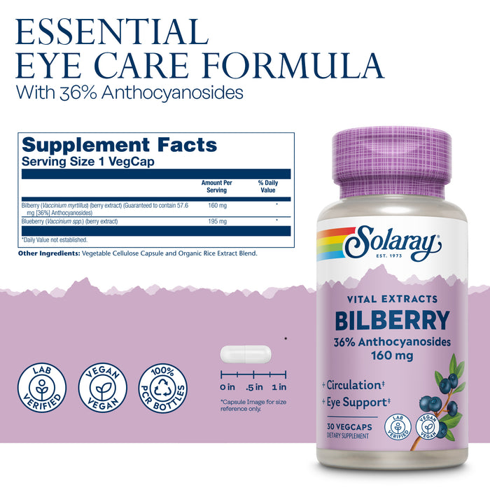 Solaray Bilberry Extract 160 mg, Eye Health & Circulation Support, 36% Anthocyanosides Plus Blueberry, Vegan, 30 VegCaps
