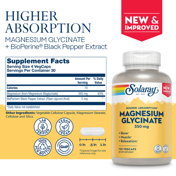 Solaray Magnesium Glycinate Capsules, Fully Chelated Magnesium Bisglycinate with BioPerine, High Absorption Magnesium Supplement, Stress, Bones, 60 Day Guarantee, Non-GMO