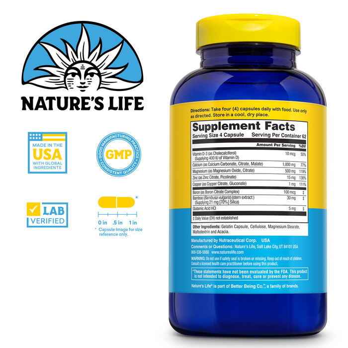NATURE'S LIFE Cal Mag Zinc Complex 1000mg / 500mg / 15mg - Calcium Magnesium Zinc Supplement w/ Vitamin D and Boron - Bone Health, Muscle and Heart Health Support, 60 Day Guarantee, 62 Serv, 250 Caps