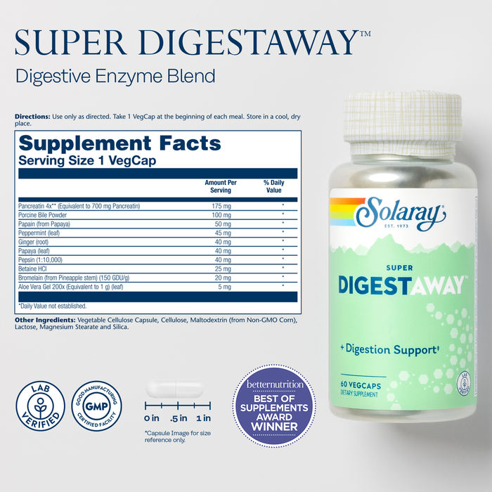 Solaray Super Digestaway Digestive Enzymes - Pancreatin, Papain, Ginger, Pepsin, Betaine HCl, Aloe Vera, and More - Digestion & Nutrient Absorption Support - Lab Verified - 60 CT