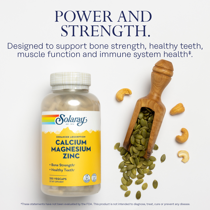 Solaray Calcium Magnesium Zinc Supplement, with Cal & Mag Citrate, Strong Bones & Teeth Support, Easy to Swallow Capsules, 60 Day Money Back Guarantee, 25 Servings, 100 VegCaps (250 CT)