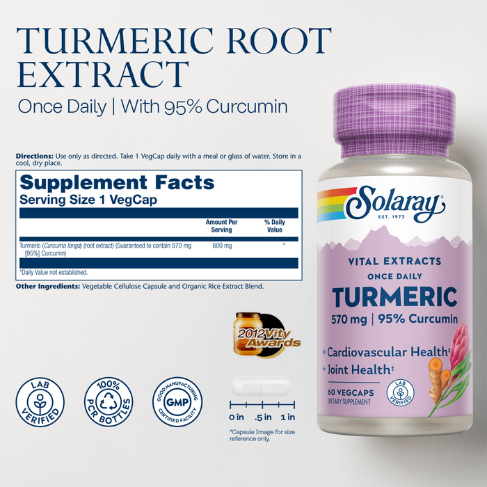 Solaray Turmeric Root Extract 570 mg - Turmeric Curcumin - With 95% Curcumin - Heart Health and Joint Health Support - Lab Verified, 60-Day Money-Back Guarantee (60 CT)