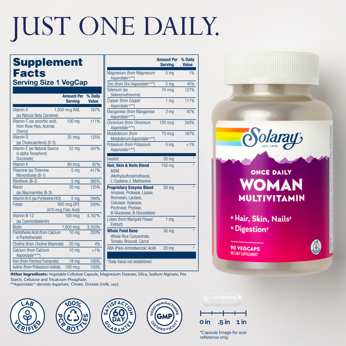 Solaray Once Daily Woman Multivitamin with Iron, Women’s Multivitamin with Hair, Skin & Nails Blend, Enzyme Blend & Whole Food Base, Healthy Energy, Immune & Digestion Support, 90 Servings, 90 VegCaps