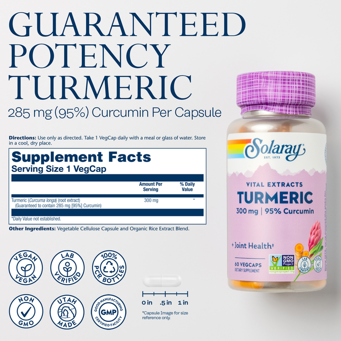 Solaray Turmeric 300 mg - Joint Support Supplement - Turmeric Root Extract with 95% Curcumin - Joint Health and Heart Health Support - Vegan, Lab Verified, 60-Day Guarantee (60 CT)