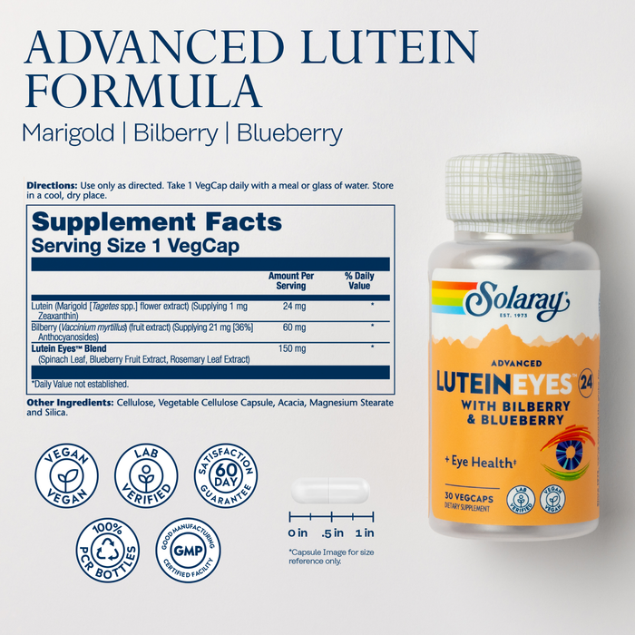 SOLARAY Advanced Lutein Eyes 24 mg - Lutein and Zeaxanthin Supplements - Eye Health Support with Blueberry and Bilberry Extract - Vegan, 60-Day Guarantee, Lab Verified  (30 Servings, 30 VegCaps)