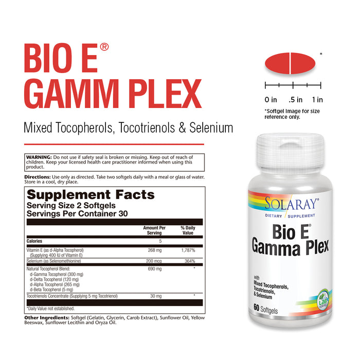 Solaray Bio E Gamma Plex | Vitamin E with Natural Tocopherol Blend for Healthy Antioxidant Support | 60 Softgels, 30 Serv