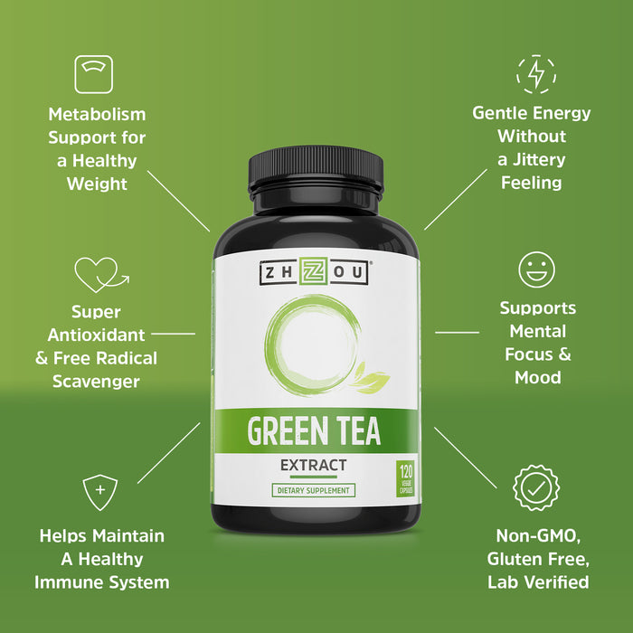 Zhou Green Tea Extract Capsules with EGCG, Natural Energy, Mental Focus, Immune Health, Antioxidant and Heart Support, Non-GMO, Vegan, Gluten Free, 120 Capsules
