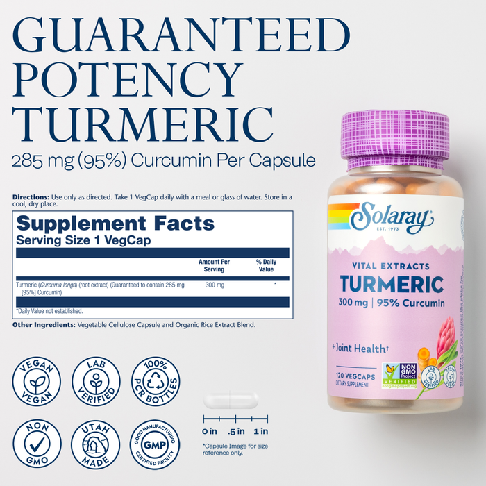 Solaray Turmeric 300 mg - Joint Support Supplement - Turmeric Root Extract with 95% Curcumin - Joint Health and Heart Health Support - Vegan, Lab Verified, 60-Day Guarantee (120 CT)