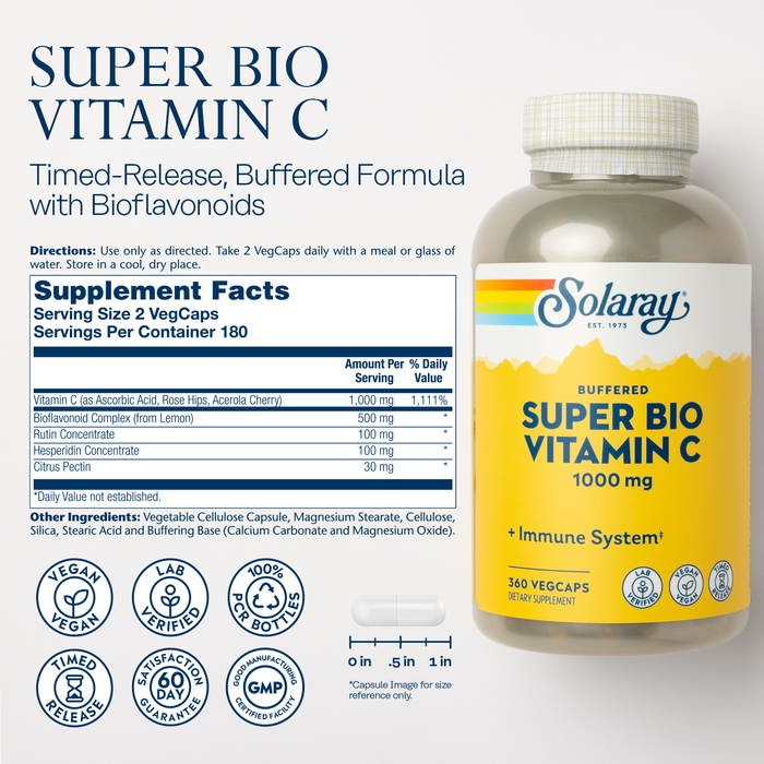 Solaray Super Bio C Buffered Vitamin C w/ Bioflavonoids, Timed-Release Formula for All-Day Immune Support, Gentle Digestion, 1000mg, 360 Ct.
