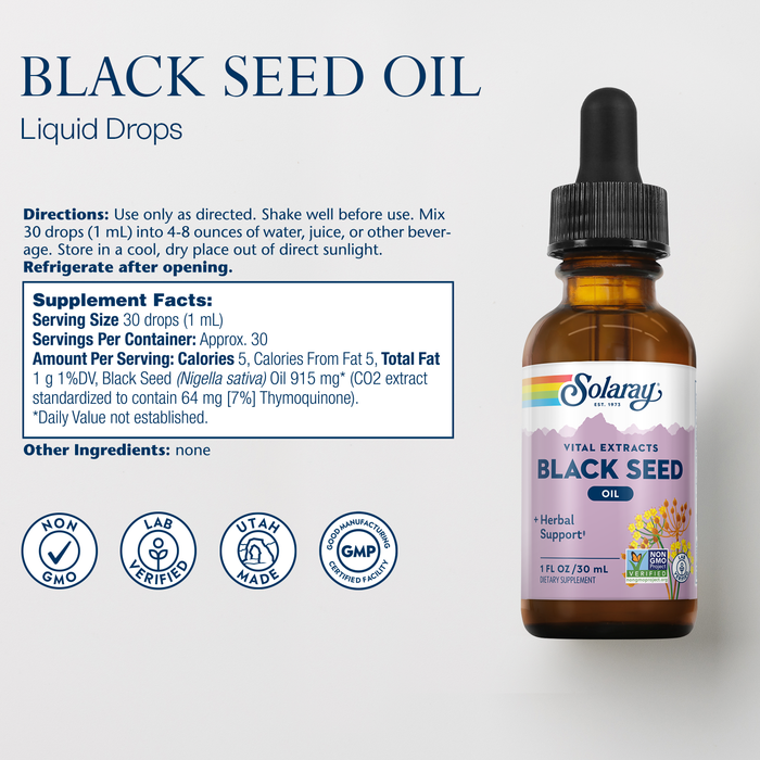 Solaray Black Seed Oil Extract - Cold Pressed Black Seed Oil - Super Antioxidant for Immune Support, Hair, Skin, Digestion, and Joints - Non-GMO, 60-Day Guarantee - Approx. 30 Servings, 1 FL OZ