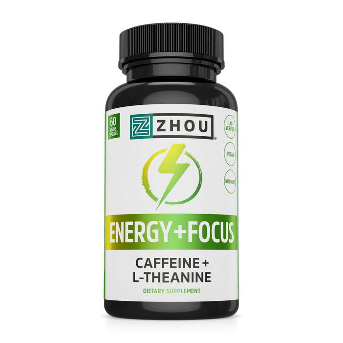 Zhou Natural Caffeine Pills 100mg with L-Theanine 200mg, Nootropic Supplement, Clean Energy, Endurance and Mental Focus, Non-GMO, Vegan, Gluten-Free, 60 Capsules