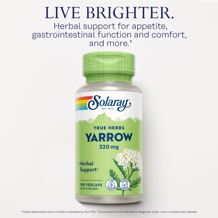 Solaray Yarrow 320 mg, Whole Aerial, Herbal Appetite and Gastrointestinal Function and Comfort Support, Lab Verified, 60-Day Money-Back Guarantee, 100 Servings, 100 VegCaps
