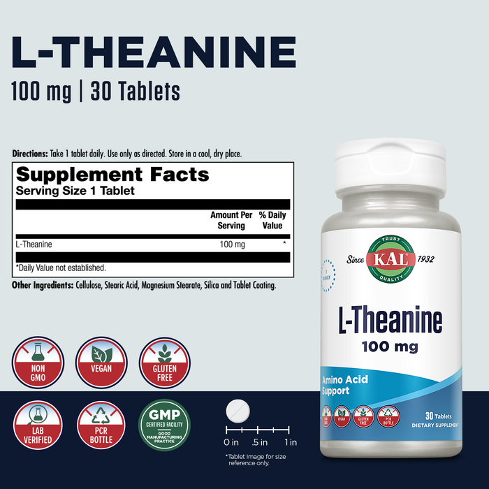 KAL L-Theanine 100 mg - Amino Acid Support and Focus Supplement - Does Not Cause Drowsiness - Non-GMO, Vegan, Gluten Free, and Lab Verified - 30 Servings, 30 Tablets