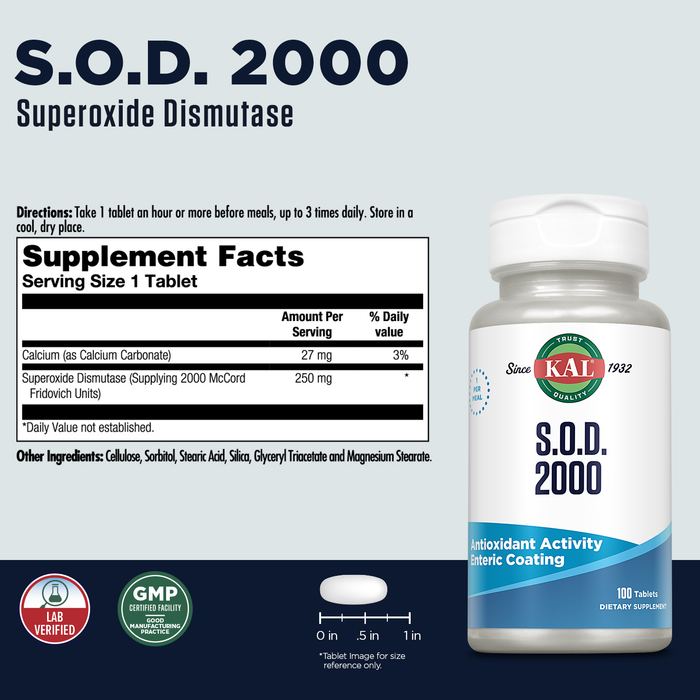 KAL S.O.D. 2000 Antioxidant Supplement - Beef Liver Source - Enteric Coated for Maximum Assimilation - Lab Verified - GMP Facility - 60 Day Guarantee - 100 Servings, 100 Tablets