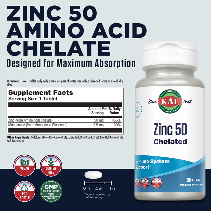 KAL Zinc 50mg Amino Acid Chelate, Immune Support Supplement, Healthy Metabolism and Immune System Formula, Enhanced Absorption, Vegan, Gluten Free, 60-Day Money Back Guarantee, 90 Servings, 90 Tablets