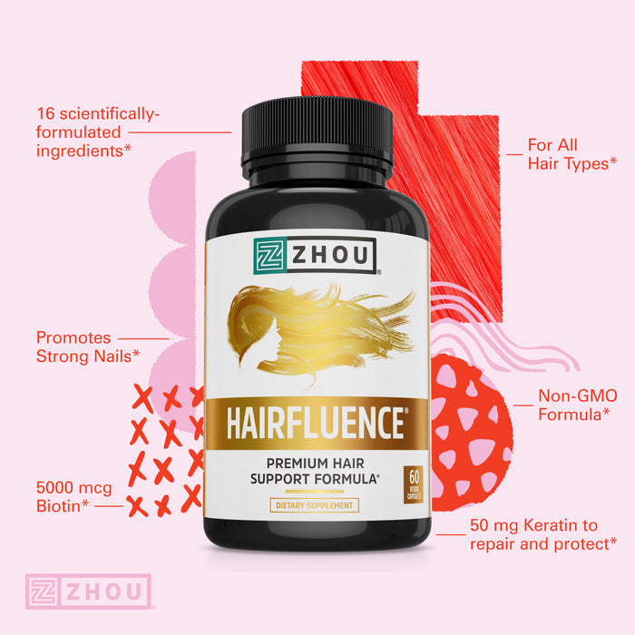 Zhou Hairfluence, Hair Growth Supplement with Biotin 5000mcg, Collagen, Keratin, Vitamin A, C, D3 & B12, Stronger Hair Skin and Nails, Non-GMO, Gluten Free, 60 Veg Caps