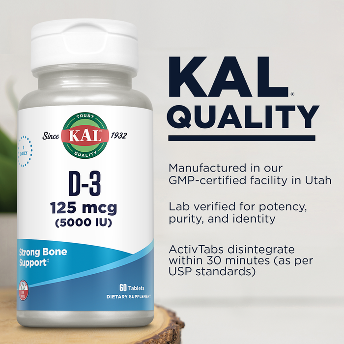KAL Vitamin D3 5000 IU 125 mcg, High Potency Vitamin D Tablets, Calcium Absorption, Bone Health and Immune Support Supplement, Rapid Disintegration D-3 ActivTabs, 60-Day Guarantee, 60 Serv, 60 Tablets