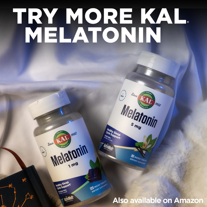 KAL Melatonin 1mg, Fast Acting Melatonin Tablets, Calming Relaxation and Sleep Cycle Support, Vegan, Gluten Free, Non-GMO, 60-Day Guarantee, 120 Servings, 120 Tablets