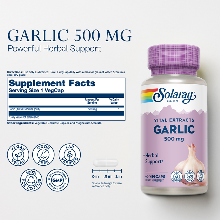 Solaray Garlic Supplement 500mg, Vegan, Odorless Garlic Extract, Traditionally Used for Heart Health and Immune Support, Vegan, Odor Free, Lab Verified, 60 Day Guarantee, 60 Serv, 60 Enteric VegCaps
