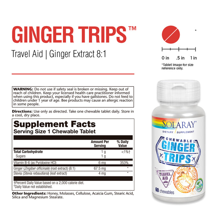 Solaray Ginger Trips Travel Aid | Root Extract | Healthy Digestive Support w/ Honey, Stevia & Molasses | 60 Chewables