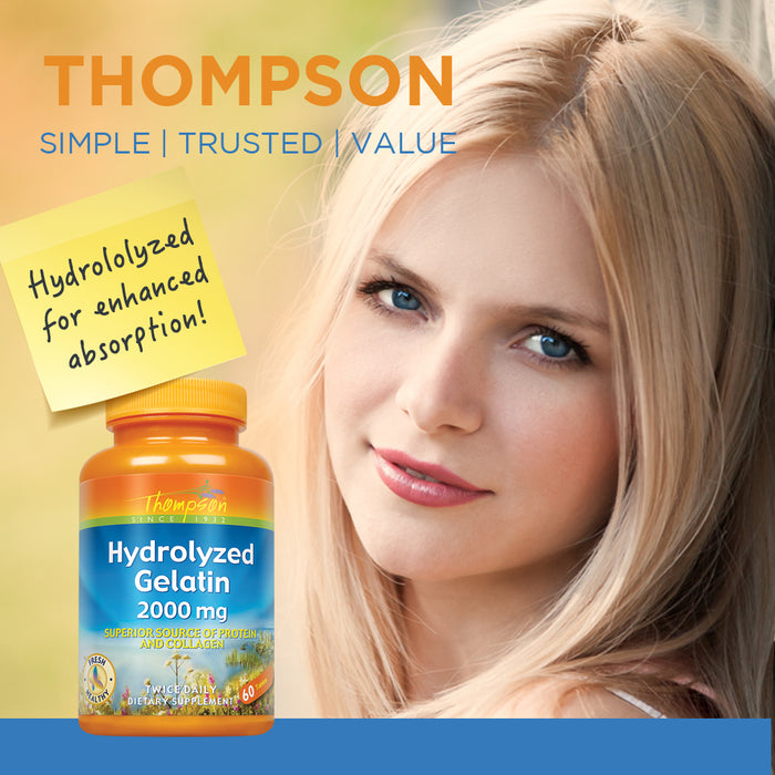 Thompson Hydrolyzed Gelatin 2000mg | Bovine-Sourced Protein & Collagen for Healthy Cells & Nails Support | Enhanced Absorption | 60 Tablets