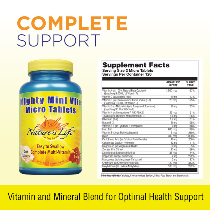 Nature's Life Mighty Mini Vite - Daily Multivitamin for Women and Men - Vitamin D and B Complex - Immunity and Energy Metabolism Support - Lab Verified - 120 Servings, 240 Micro Tablets
