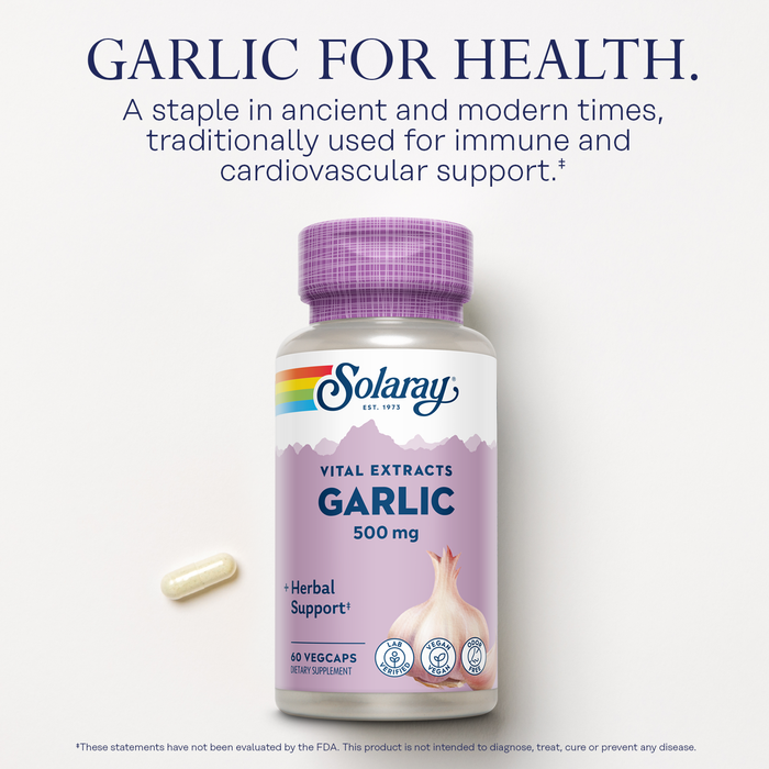 Solaray Garlic Supplement 500mg, Vegan, Odorless Garlic Extract, Traditionally Used for Heart Health and Immune Support, Vegan, Odor Free, Lab Verified, 60 Day Guarantee, 60 Serv, 60 Enteric VegCaps