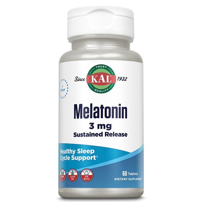 KAL Melatonin 3mg Sustained Release Sleep Aid, Melatonin Supplement Supports Healthy Relaxation, a Calm Feeling and a Proper Sleep Cycle, w/ Added Vitamin B6, Vegan, Gluten Free