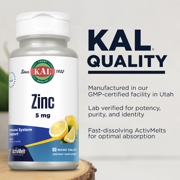 KAL Zinc 5mg ActivMelt, Immune Support Supplement with Zinc Oxide, Supports Protein Synthesis, Metabolism, Cell Growth, Immune Health, Vegetarian, Natural Lemon Flavor, 60-Day Guarantee, 60 Micro Tabs