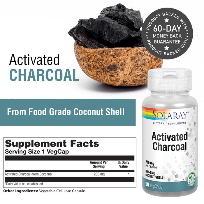Solaray Activated Charcoal 280mg | Coconut Source | Healthy Inner Cleansing & Digestive Tract Support | Non-GMO, Vegan & Lab Verified | 90 Capsules