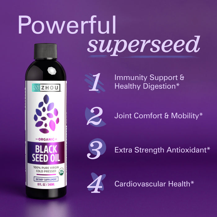 Zhou Organic Black Seed Oil | 100% Virgin | Cold Pressed Omega 3 6 9 | Super antioxidant for Immune Support, Joints, Digestion, Hair & Skin | 8oz