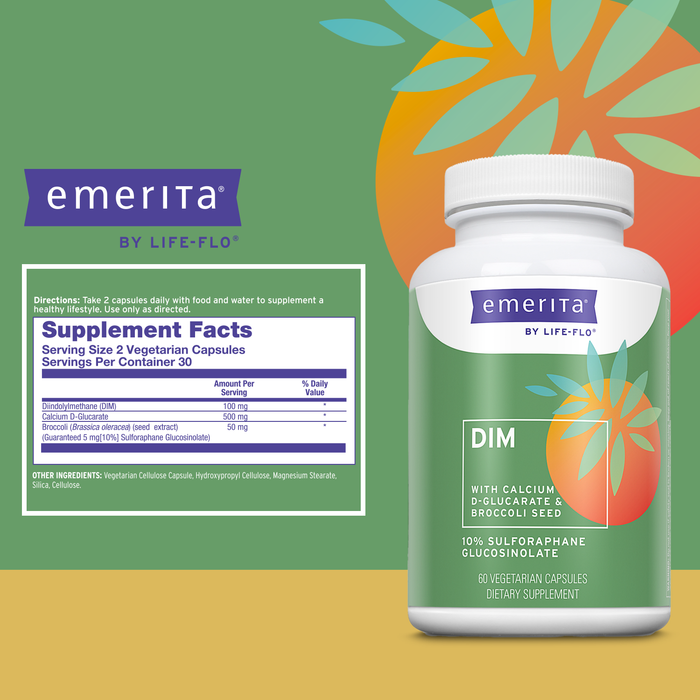 Emerita by Life-flo DIM Supplement, Balancing Support for Women with 100mg DIM Plus Calcium D-Glucarate and Broccoli Seed Extract, 60-Day Guarantee, Not Tested on Animals, 30 Servings, 60 VegCaps