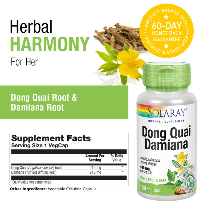 Solaray Dong Quai Root & Damiana Leaf 430mg | Healthy Menstruation, Mood, Relaxation & Female Libido Support | Non-GMO & Vegan | 100 VegCaps