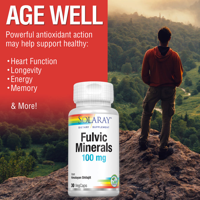 Solaray Fulvic Minerals 100 mg | Himalayan Shilajit | Healthy Digestion, Skin & Brain Support | 30 VegCaps