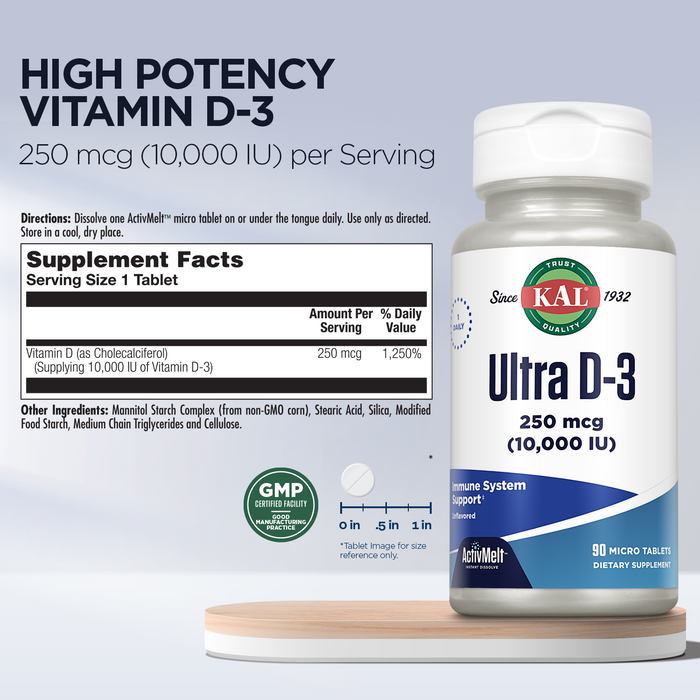 KAL Ultra Vitamin D3 250 mcg (10000 IU), High Potency Vitamin D, Calcium Absorption, Bone Health and Immune Support Supplement, Instant Dissolve, Unflavored ActivMelt, 90 Servings, 90 Micro Tablets