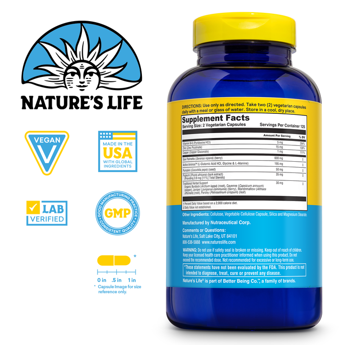 Nature's Life Prostate Maintain 600 Plus - Prostate Support Supplement for Men's Health - Saw Palmetto, Pygeum Herbal Complex and Zinc Supplements - 125 Servings, 250 Vegetarian Capsules