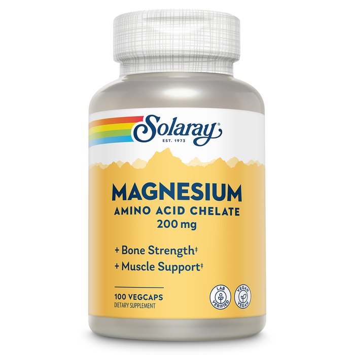 Solaray Magnesium Amino Acid Chelate 200 mg, Chelated Magnesium Supplement for Bone Health, Heart Health and Muscle Function Support, Vegan, 60-Day Money Back Guarantee, 100 Servings, 100 VegCaps