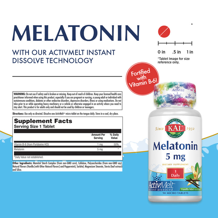 KAL Melatonin 5mg Sleep Aid, Melatonin Supplement Supports Calming Relaxation and a Healthy Sleep Cycle, Fast Dissolving ActivMelts, Natural Vanilla Mint Flavor, Vegetarian, 90 Serv, 90 Micro Tablets
