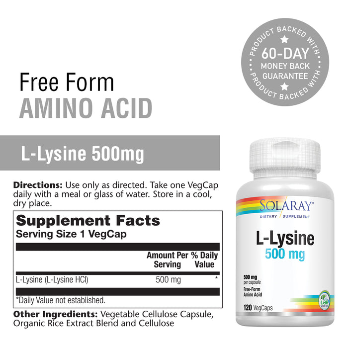 Solaray L-Lysine 500mg | Amino Acid | Healthy Cognitive, Immune System & GI Function, Bones, Joints & Skin Support | 120 VegCaps