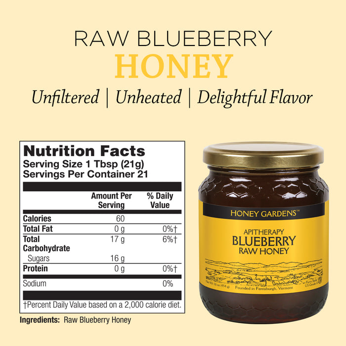 Honey Gardens Apitherapy Blueberry Raw Honey | 100% Pure, US Grade A, Unheated & Unfiltered | 21 Serv | 1 lb Jar