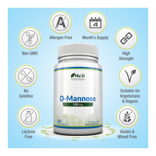 D-Mannose Tablets 500mg 120 Tablets High Strength Non-Allergic Nu U Nutrition